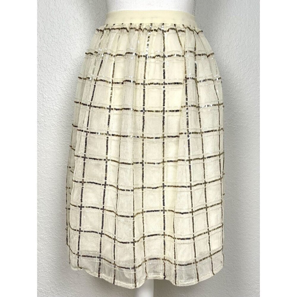 GIANNI BINI Womens XS Ivory Full Tulle Below-Knee SKIRT Gold Check Sequins EUC